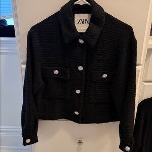 Zara Black Textured Blazer with Embellished Buttons